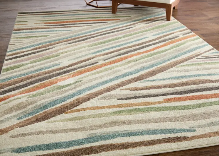 5' X 8' Ivory Brown And Blue Abstract Area Rug