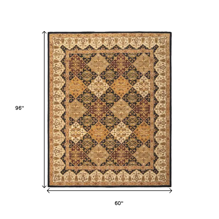 5' X 8' Gold Tan And Black Geometric Hand Tufted Area Rug