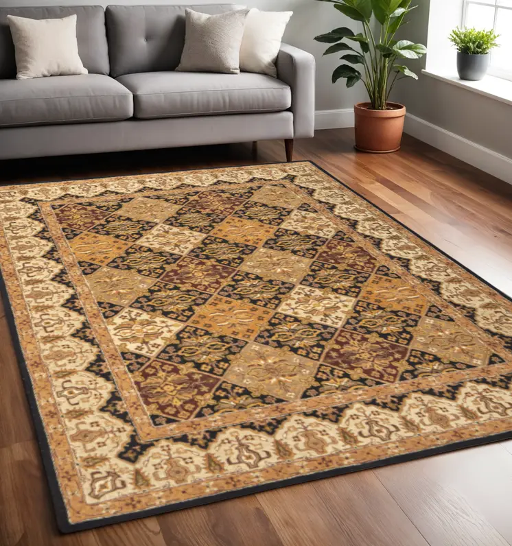 5' X 8' Gold Tan And Black Geometric Hand Tufted Area Rug