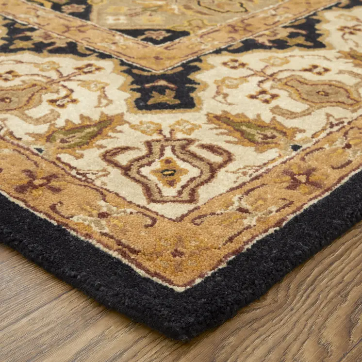 5' X 8' Gold Tan And Black Geometric Hand Tufted Area Rug