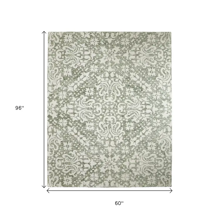 5' X 8' Ivory And Green Floral Hand Tufted Area Rug