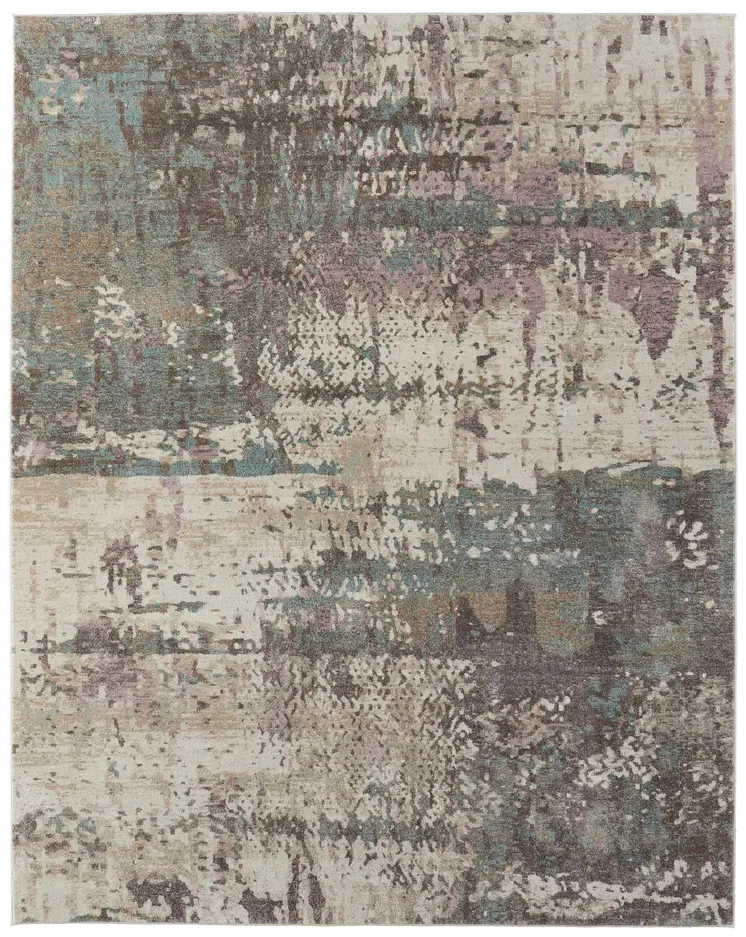 5' X 8' Ivory Blue And Purple Abstract Distressed Area Rug