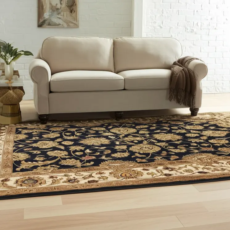 5' X 8' Black Gold And Tan Oriental Hand Tufted Area Rug