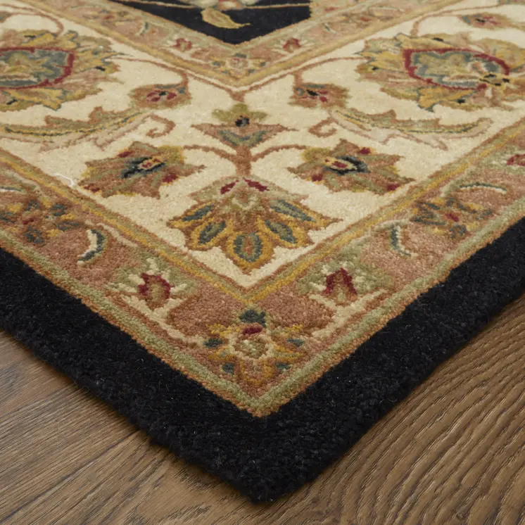 5' X 8' Black Gold And Tan Oriental Hand Tufted Area Rug