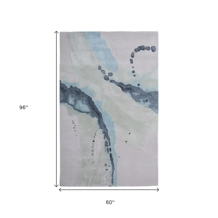 5' X 8' Green Blue And Ivory Abstract Hand Tufted Area Rug
