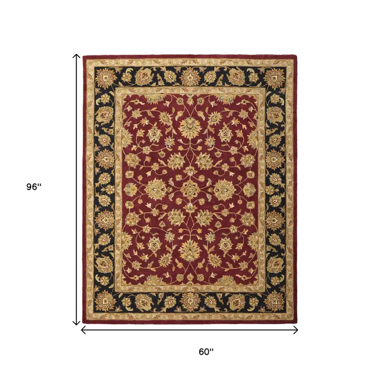 5' X 8' Red Black And Gold Oriental Hand Tufted Area Rug