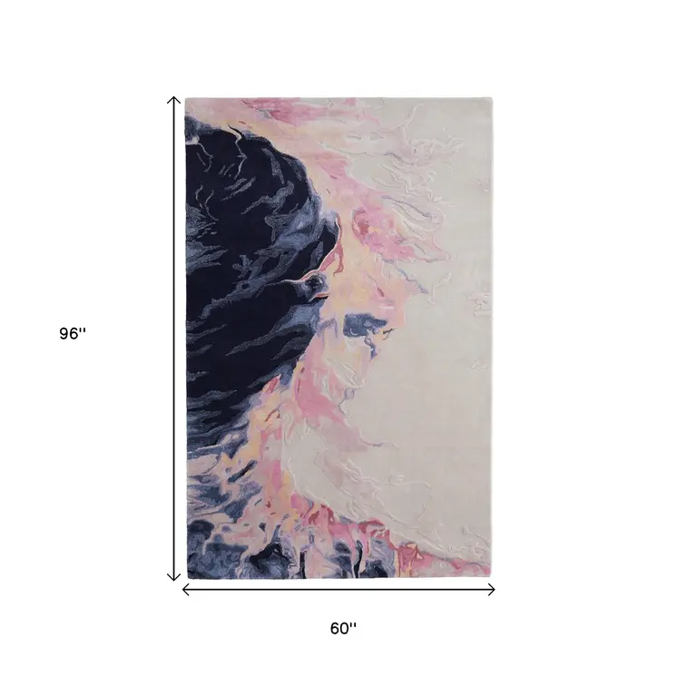5' X 8' Pink Blue And Ivory Abstract Hand Tufted Area Rug