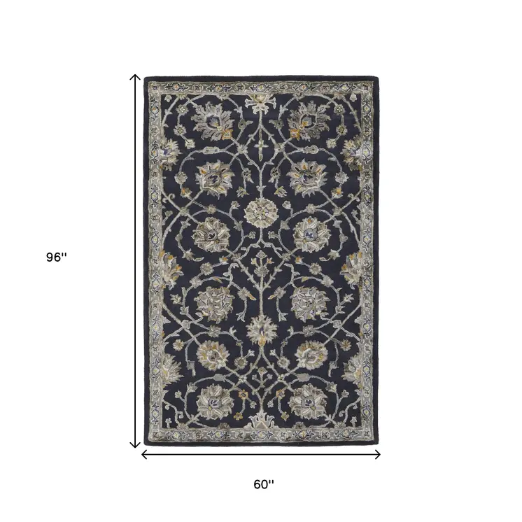 5' X 8' Blue Silver And Gray Floral Hand Tufted Area Rug