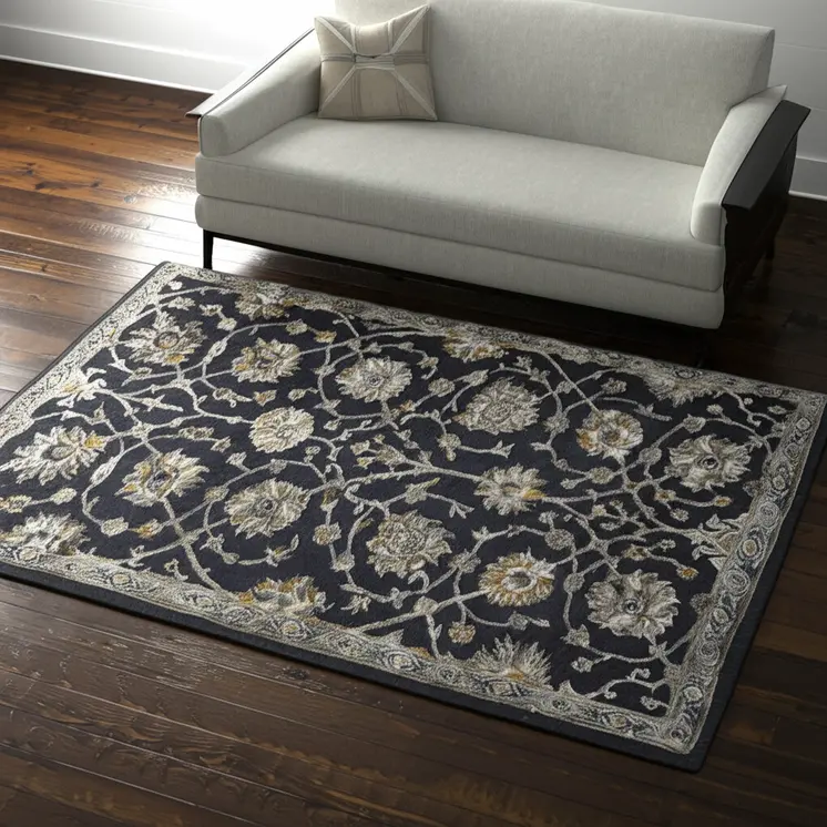 5' X 8' Blue Silver And Gray Floral Hand Tufted Area Rug