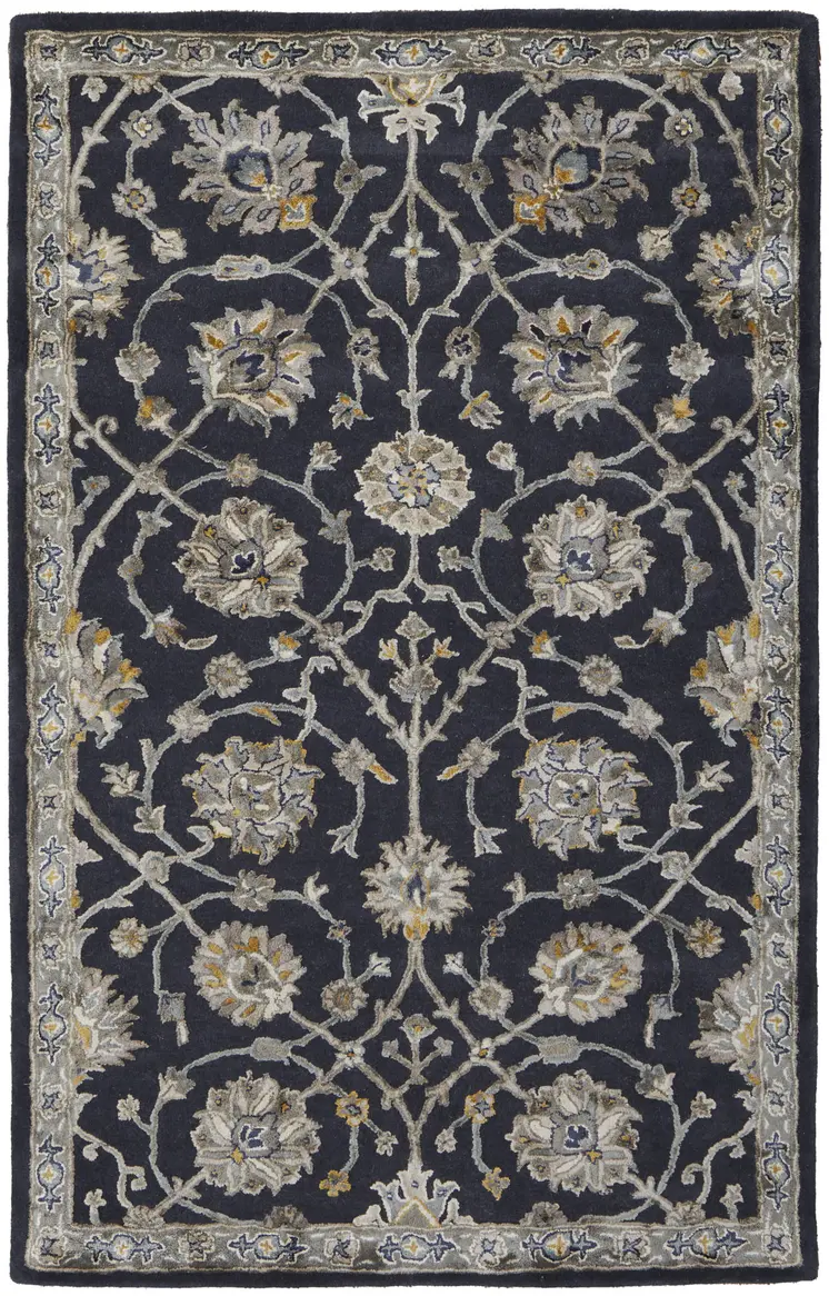 5' X 8' Blue Silver And Gray Floral Hand Tufted Area Rug