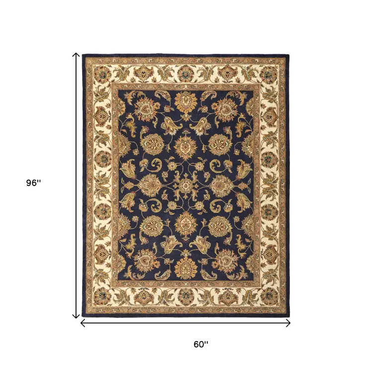 5' X 8' Blue Tan And Gold Oriental Hand Tufted Area Rug