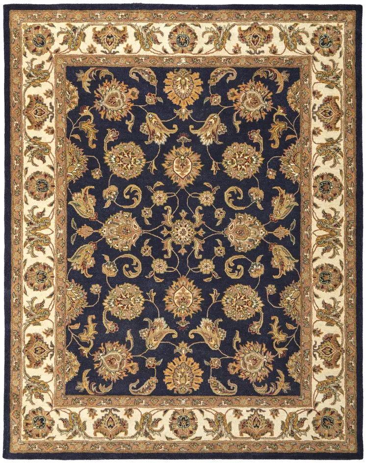 5' X 8' Blue Tan And Gold Oriental Hand Tufted Area Rug