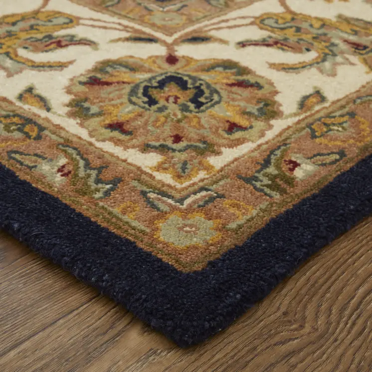 5' X 8' Blue Tan And Gold Oriental Hand Tufted Area Rug