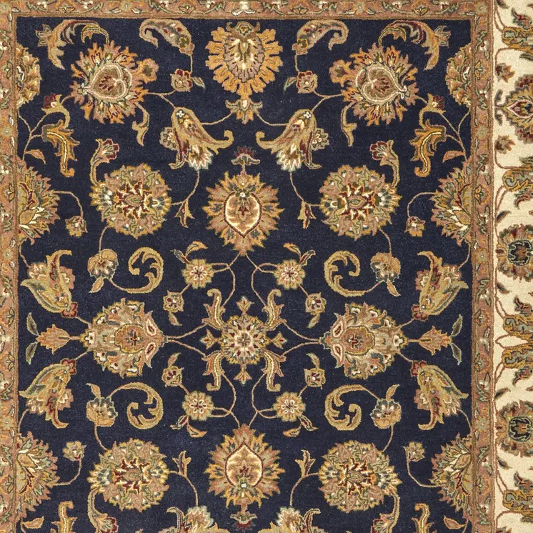 5' X 8' Blue Tan And Gold Oriental Hand Tufted Area Rug