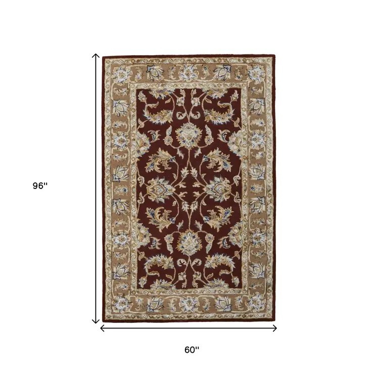 5' X 8' Red Tan And Ivory Oriental Hand Tufted Area Rug