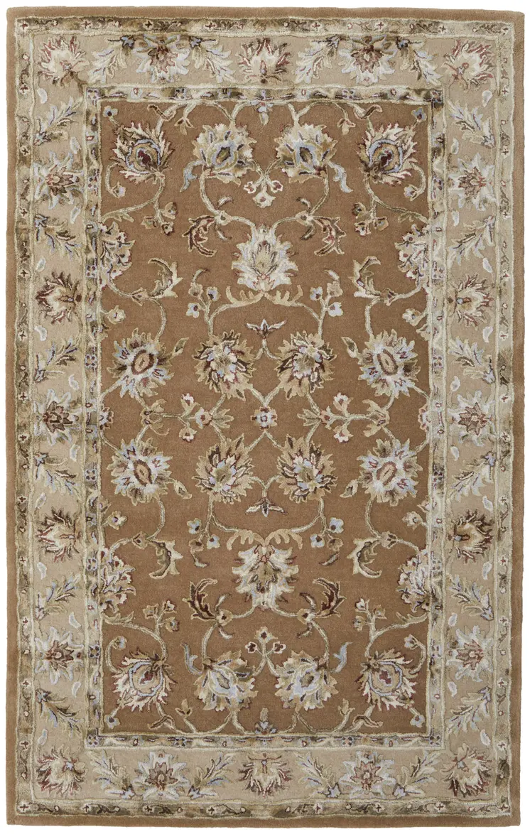 5' X 8' Tan And Ivory Floral Hand Tufted Area Rug