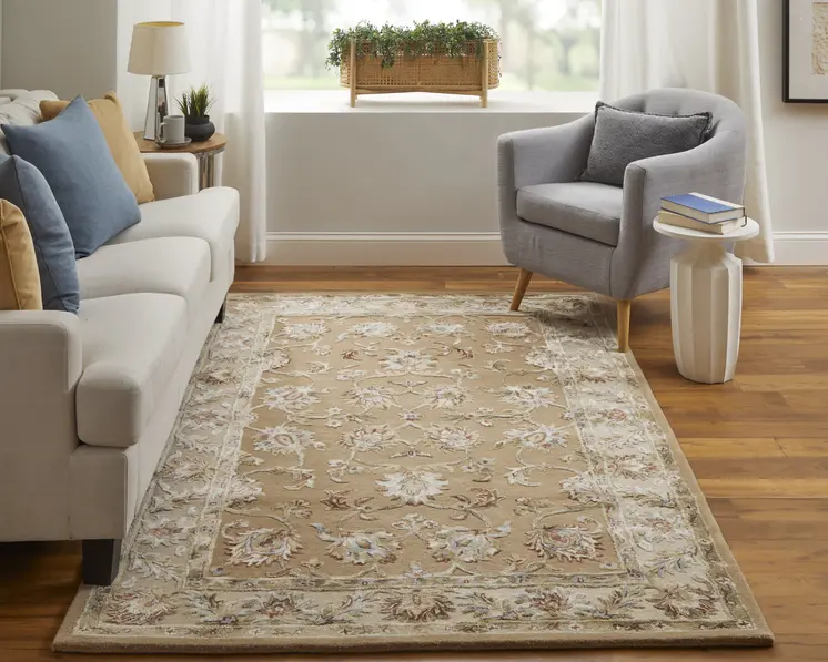 5' X 8' Tan And Ivory Floral Hand Tufted Area Rug