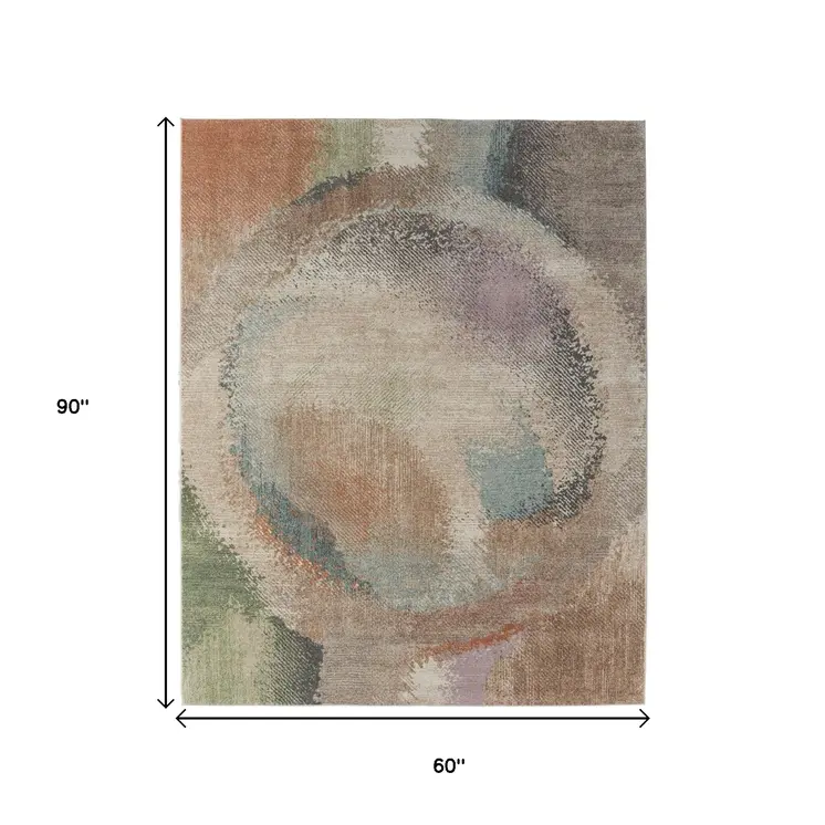 5' X 8' Brown Tan And Blue Abstract Distressed Area Rug