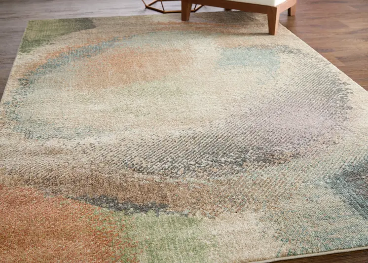 5' X 8' Brown Tan And Blue Abstract Distressed Area Rug