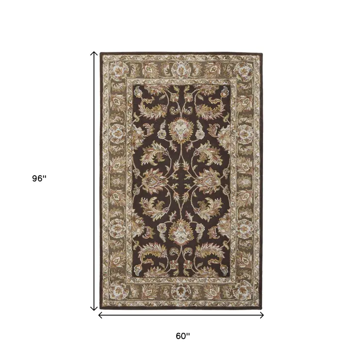 5' X 8' Brown Tan And Ivory Oriental Hand Tufted Area Rug