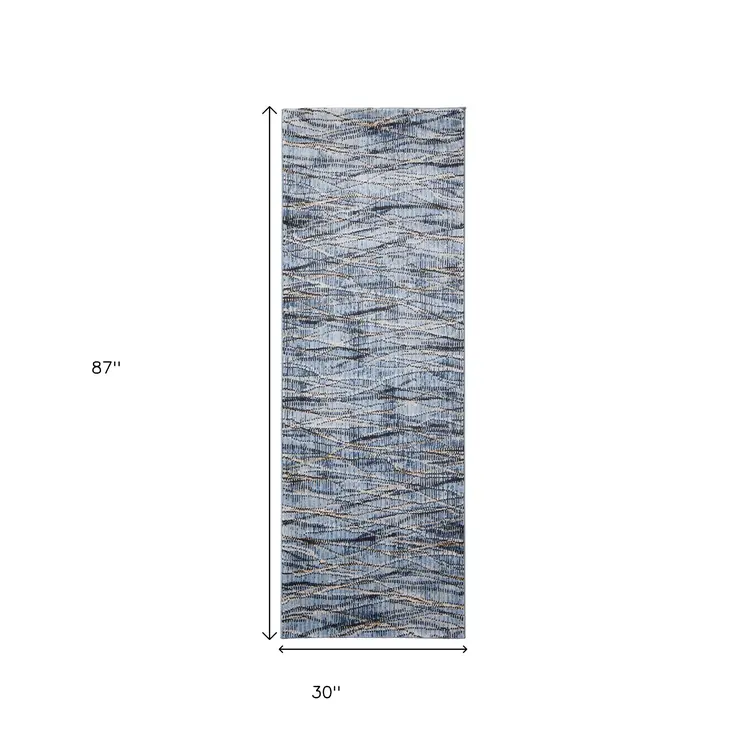 8' Blue Ivory And Tan Abstract Runner Rug