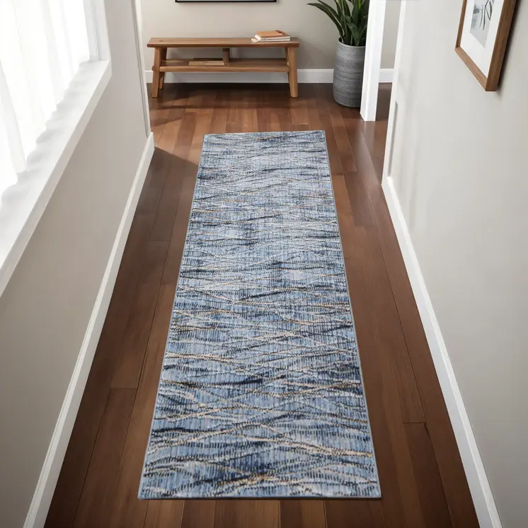 8' Blue Ivory And Tan Abstract Runner Rug