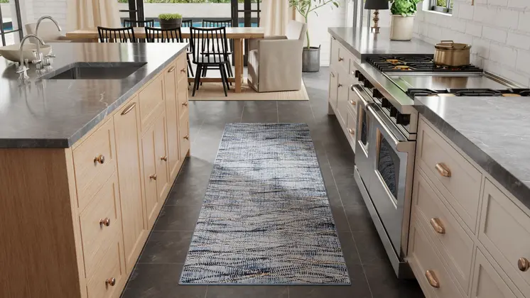 8' Blue Ivory And Tan Abstract Runner Rug