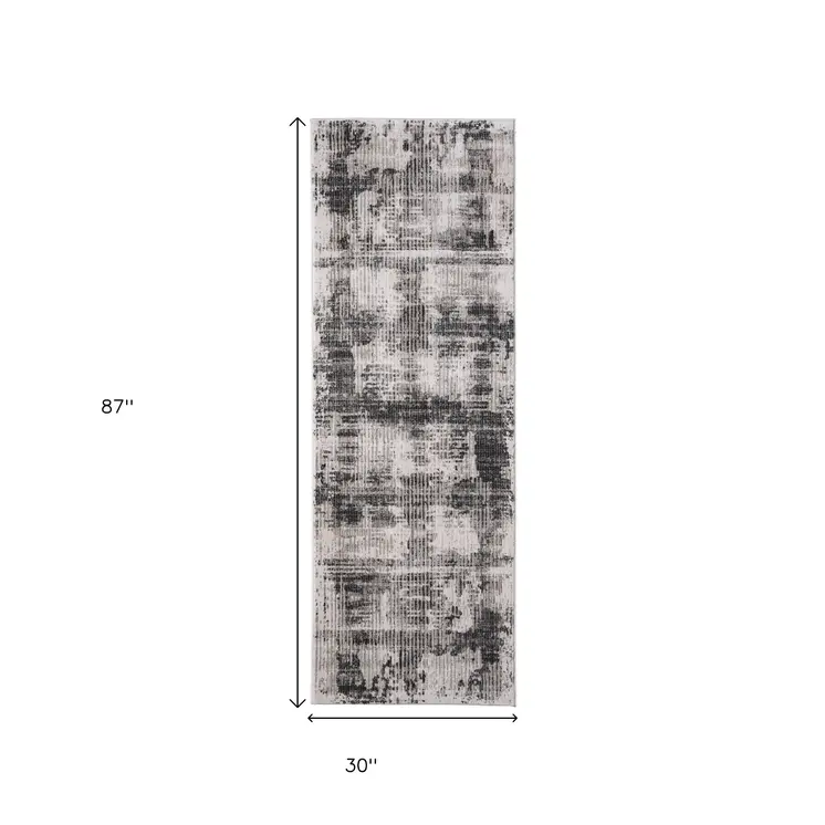 8' Gray And Ivory Abstract Runner Rug