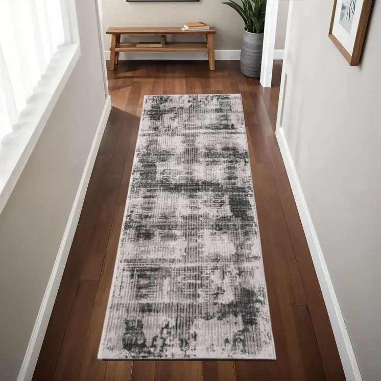 8' Gray And Ivory Abstract Runner Rug