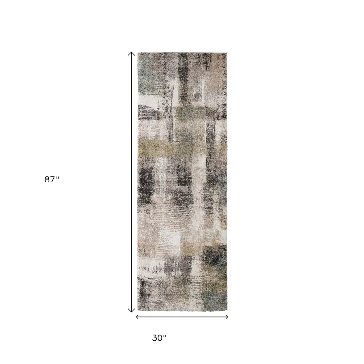 8' Gray Taupe And Ivory Abstract Distressed Runner Rug
