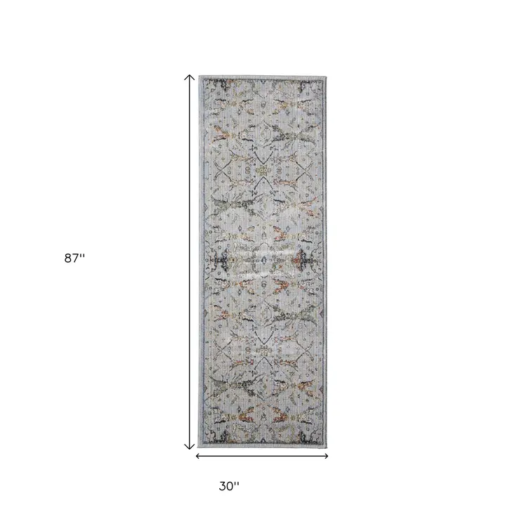 8' Blue Green And Ivory Floral Runner Rug