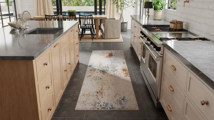 8' Ivory Blue And Red Abstract Runner Rug