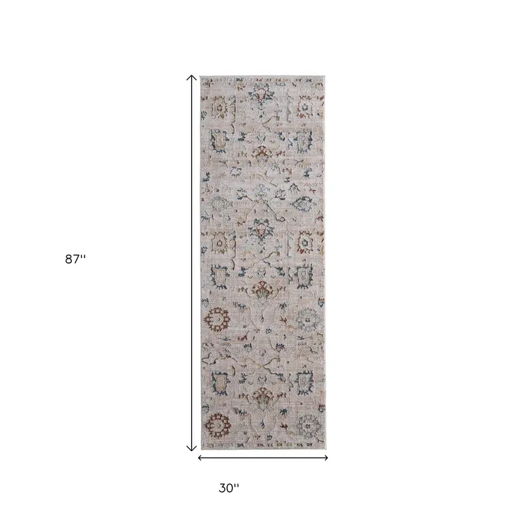 8' Ivory Blue And Gold Floral Distressed Runner Rug With Fringe