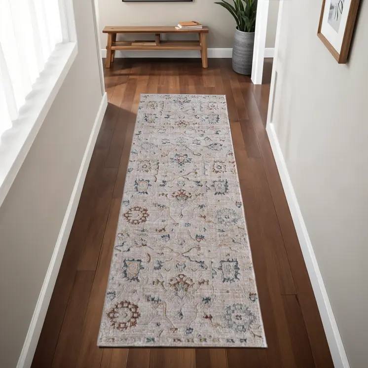 8' Ivory Blue And Gold Floral Distressed Runner Rug With Fringe