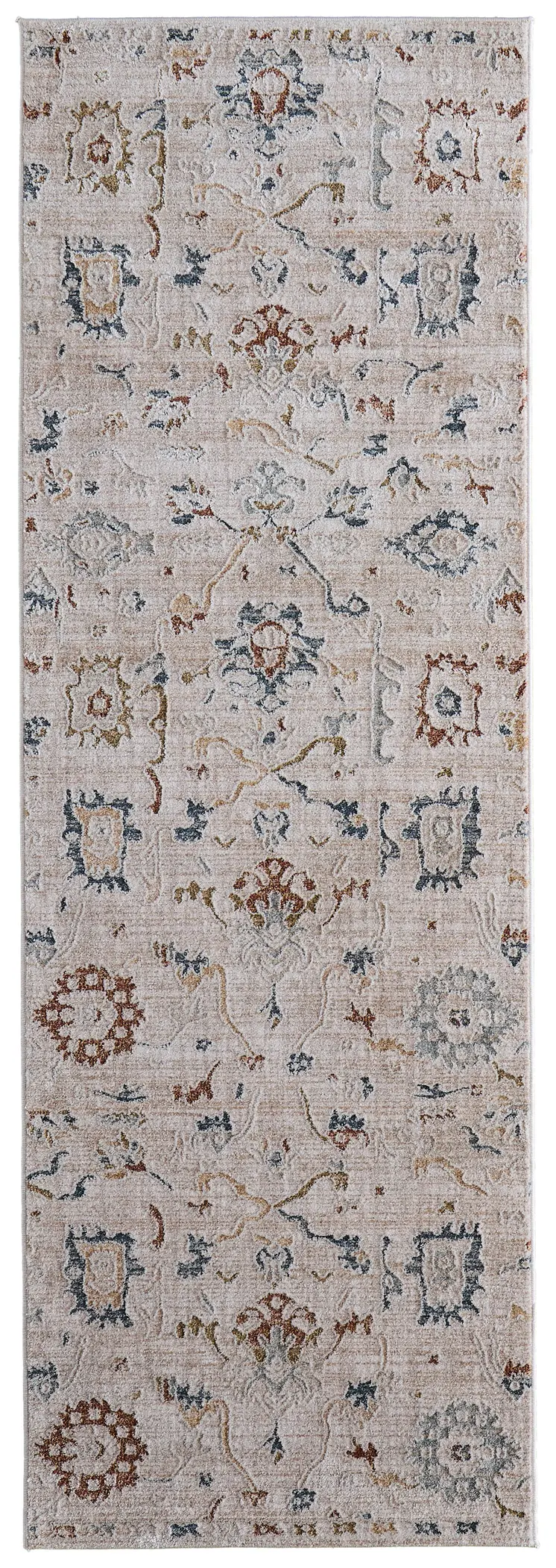 8' Ivory Blue And Gold Floral Distressed Runner Rug With Fringe