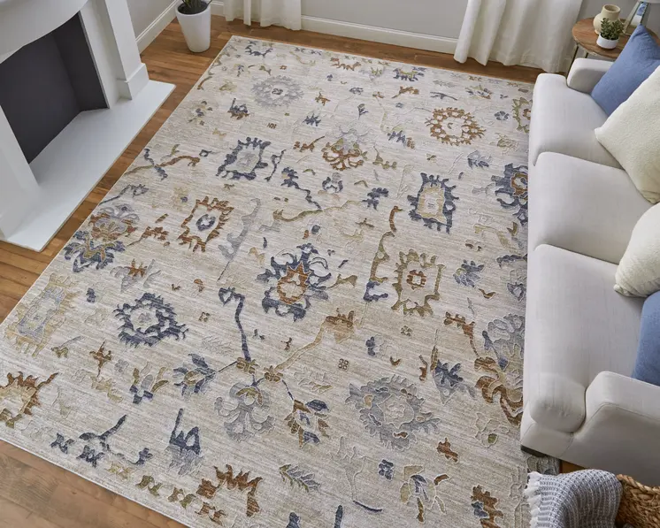 8' Ivory Blue And Gold Floral Distressed Runner Rug With Fringe