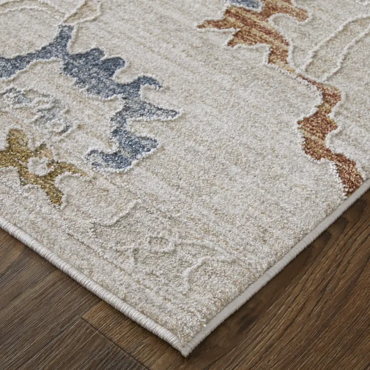8' Ivory Blue And Gold Floral Distressed Runner Rug With Fringe