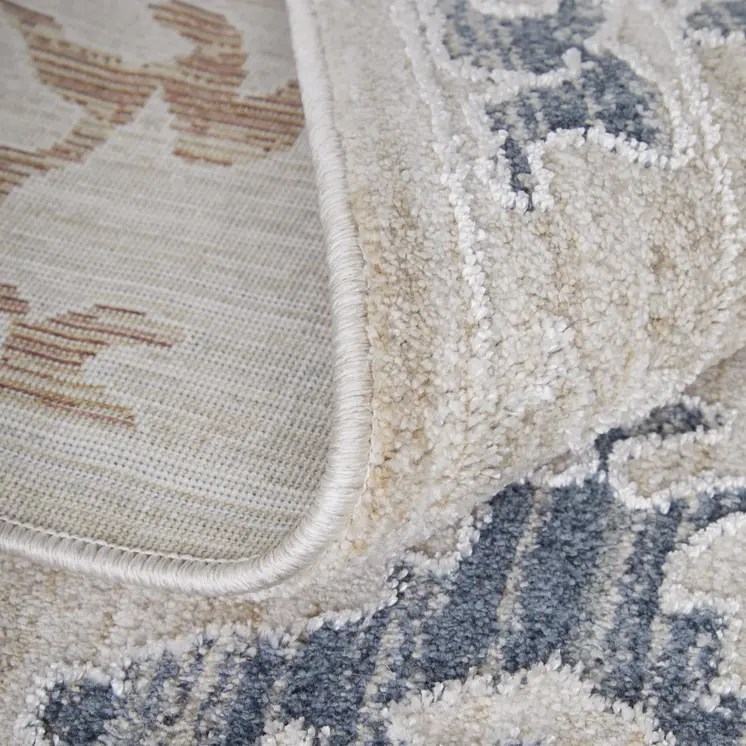 8' Ivory Blue And Gold Floral Distressed Runner Rug With Fringe