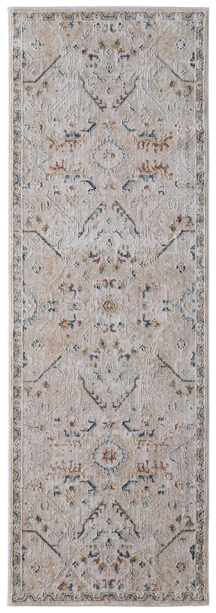 8' Taupe Ivory And Blue Abstract Distressed Runner Rug With Fringe