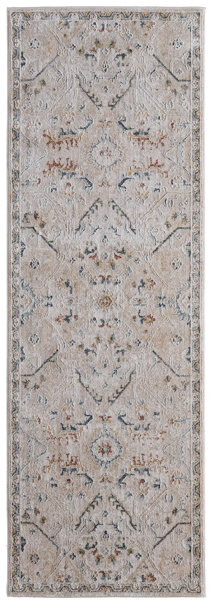 8' Taupe Ivory And Blue Abstract Distressed Runner Rug With Fringe