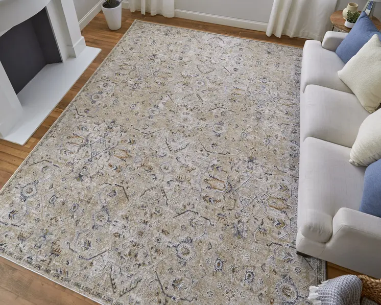 8' Taupe Ivory And Blue Abstract Distressed Runner Rug With Fringe