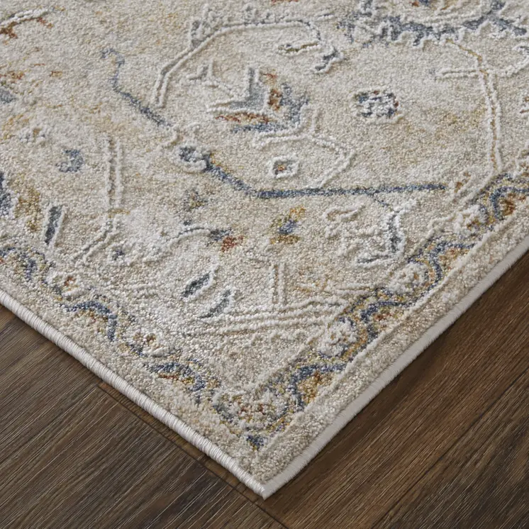 8' Taupe Ivory And Blue Abstract Distressed Runner Rug With Fringe
