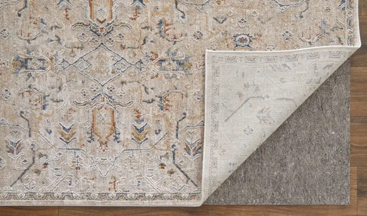 8' Taupe Ivory And Blue Abstract Distressed Runner Rug With Fringe