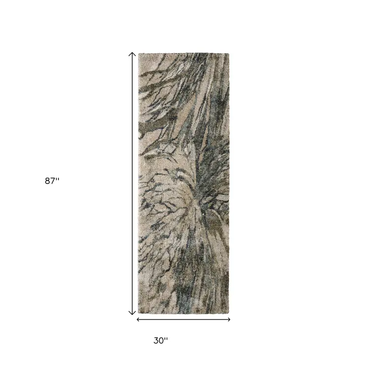 8' Gray Green And Ivory Abstract Runner Rug
