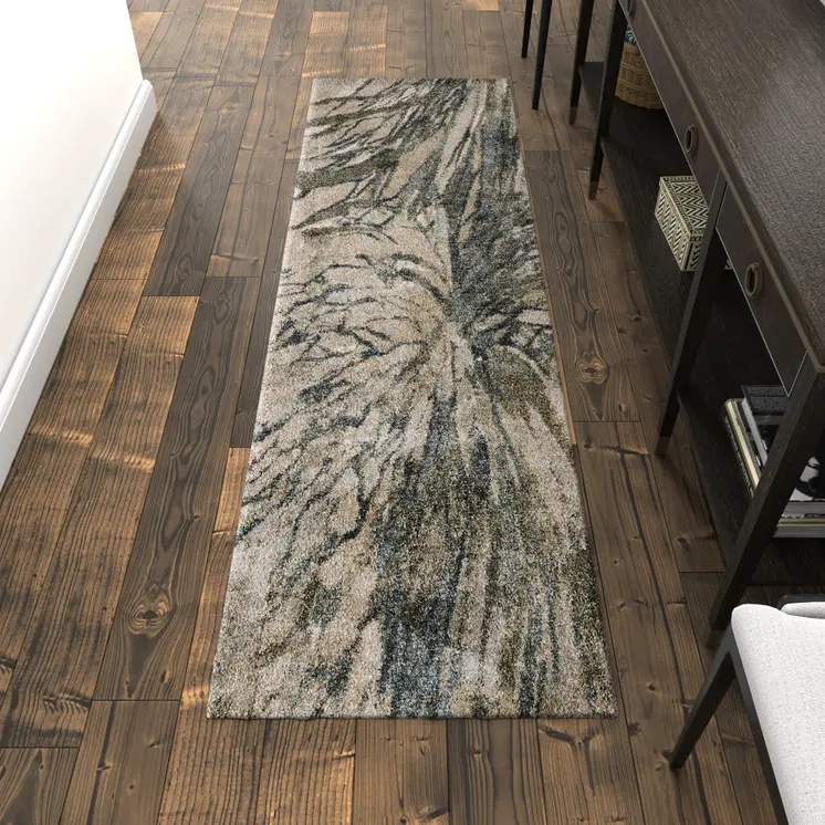 8' Gray Green And Ivory Abstract Runner Rug