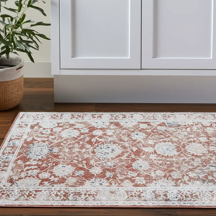 8' Red Ivory And Blue Floral Distressed Runner Rug With Fringe