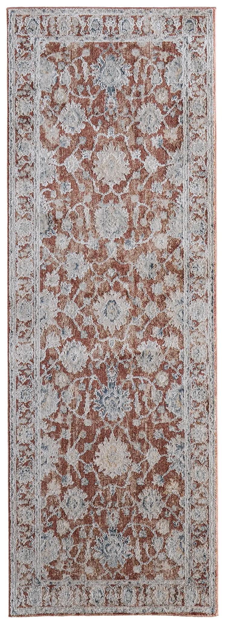8' Red Ivory And Blue Floral Distressed Runner Rug With Fringe