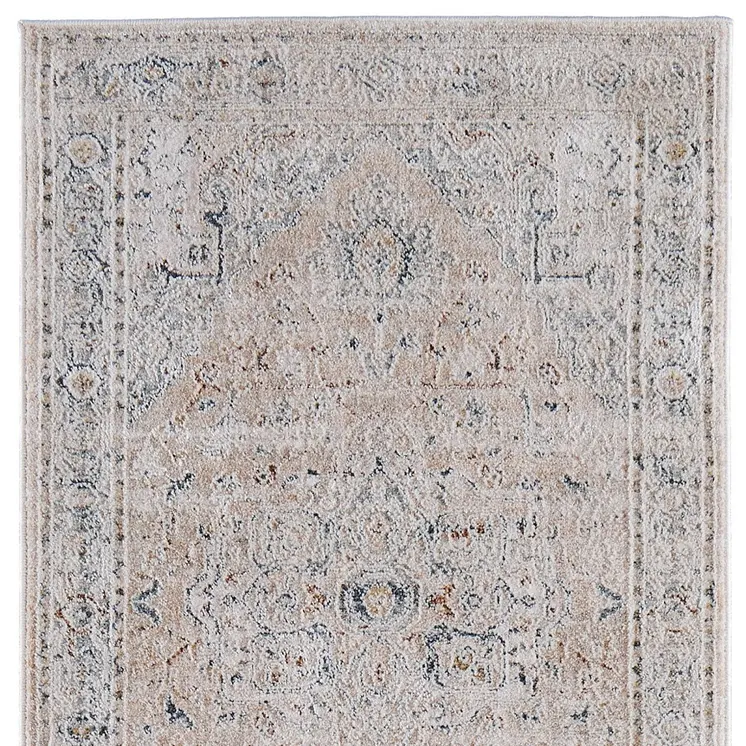 8' Ivory Taupe And Blue Oriental Distressed Runner Rug With Fringe