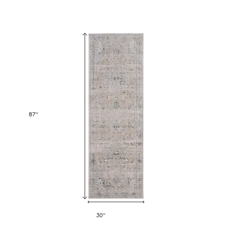 8' Ivory Taupe And Blue Oriental Distressed Runner Rug With Fringe
