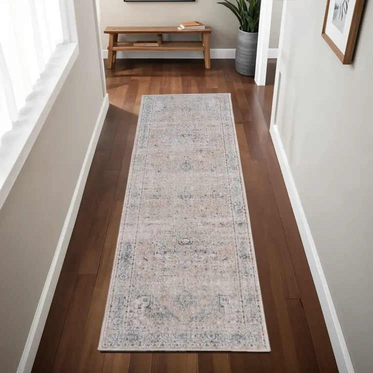 8' Ivory Taupe And Blue Oriental Distressed Runner Rug With Fringe